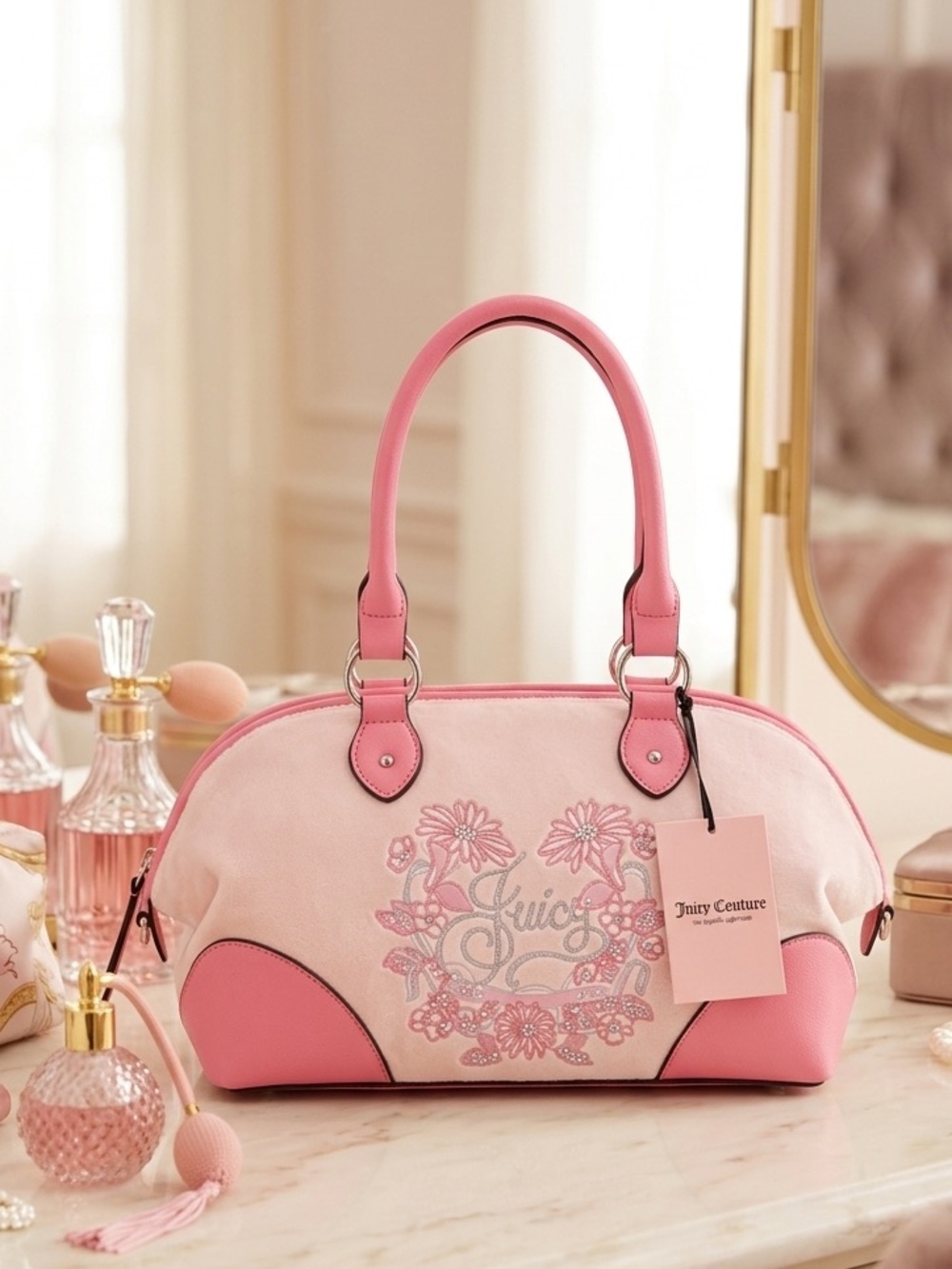 JUICY COUTURE  Pink Velour Floral Embroidered Satchel with Pink Trim NWT